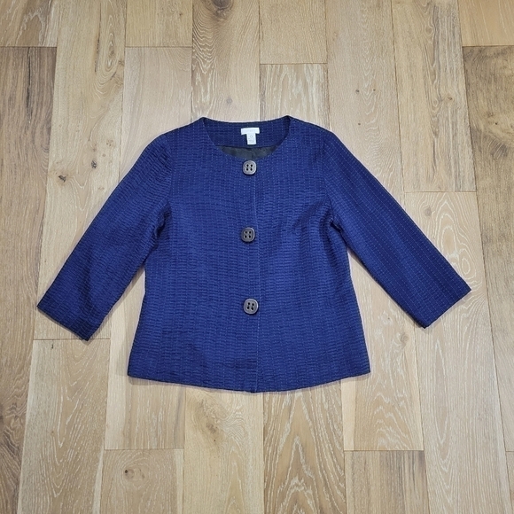 Chico's Textured Button Front 3/4 Sleeve Cropped Mandy Jacket Blue size Small - Picture 2 of 10